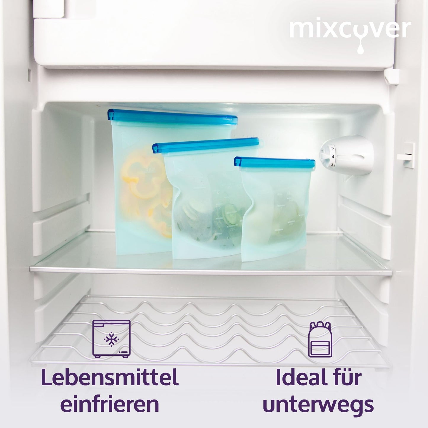 mixcover wiederverwendbare Frischhaltebeutel aus Silikon mit Verschluss, auslaufsicher, nachhaltig, BPA-frei, 3er Set, 500ml 1000ml 1500ml - Mixcover - Mixcover