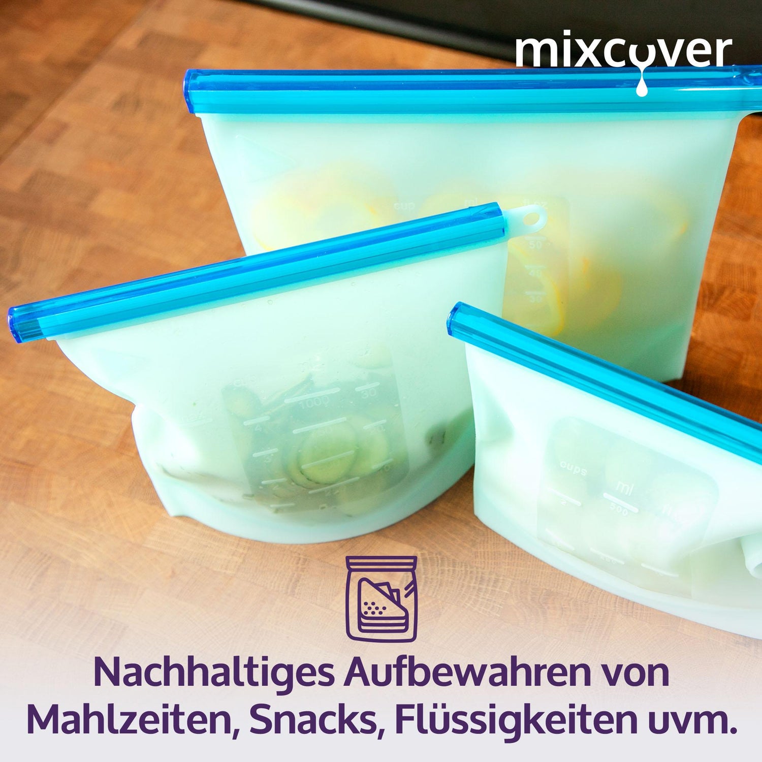 mixcover wiederverwendbare Frischhaltebeutel aus Silikon mit Verschluss,  auslaufsicher, nachhaltig, BPA-frei, 3er Set, 500ml 1000ml 1500ml - Mixcover