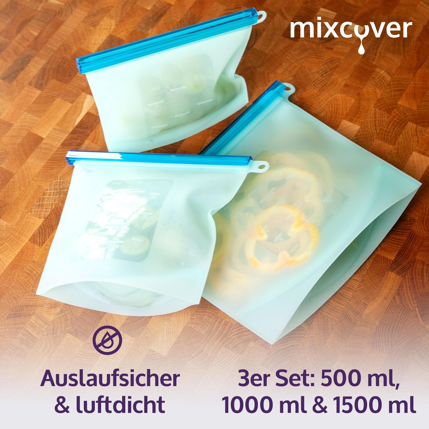 mixcover wiederverwendbare Frischhaltebeutel aus Silikon mit Verschluss, auslaufsicher, nachhaltig, BPA-frei, 3er Set, 500ml 1000ml 1500ml - Mixcover - Mixcover