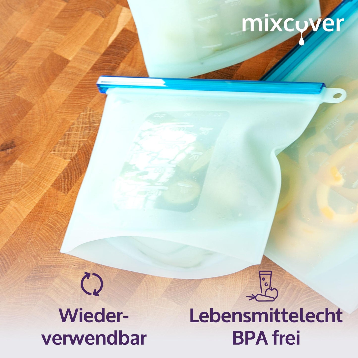 mixcover wiederverwendbarer Frischhaltebeutel aus Silikon mit Verschluss, auslaufsicher, nachhaltig, BPA-frei, 1000 ml - Mixcover - Mixcover