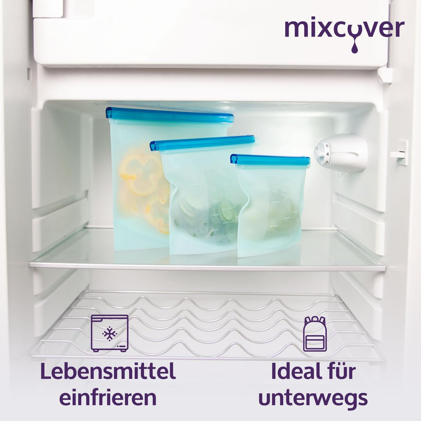 mixcover wiederverwendbarer Frischhaltebeutel aus Silikon mit Verschluss, auslaufsicher, nachhaltig, BPA-frei, 1000 ml - Mixcover - Mixcover