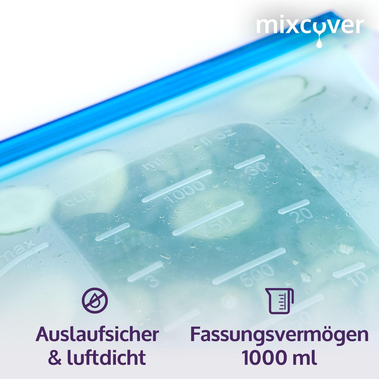 mixcover wiederverwendbarer Frischhaltebeutel aus Silikon mit Verschluss, auslaufsicher, nachhaltig, BPA-frei, 1000 ml - Mixcover - Mixcover