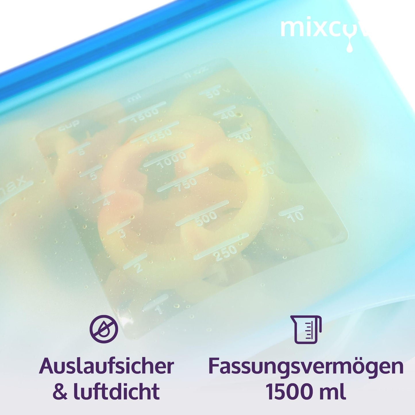 mixcover wiederverwendbarer Frischhaltebeutel aus Silikon mit Verschluss, auslaufsicher, nachhaltig, BPA-frei, 1500 ml - Mixcover - Mixcover