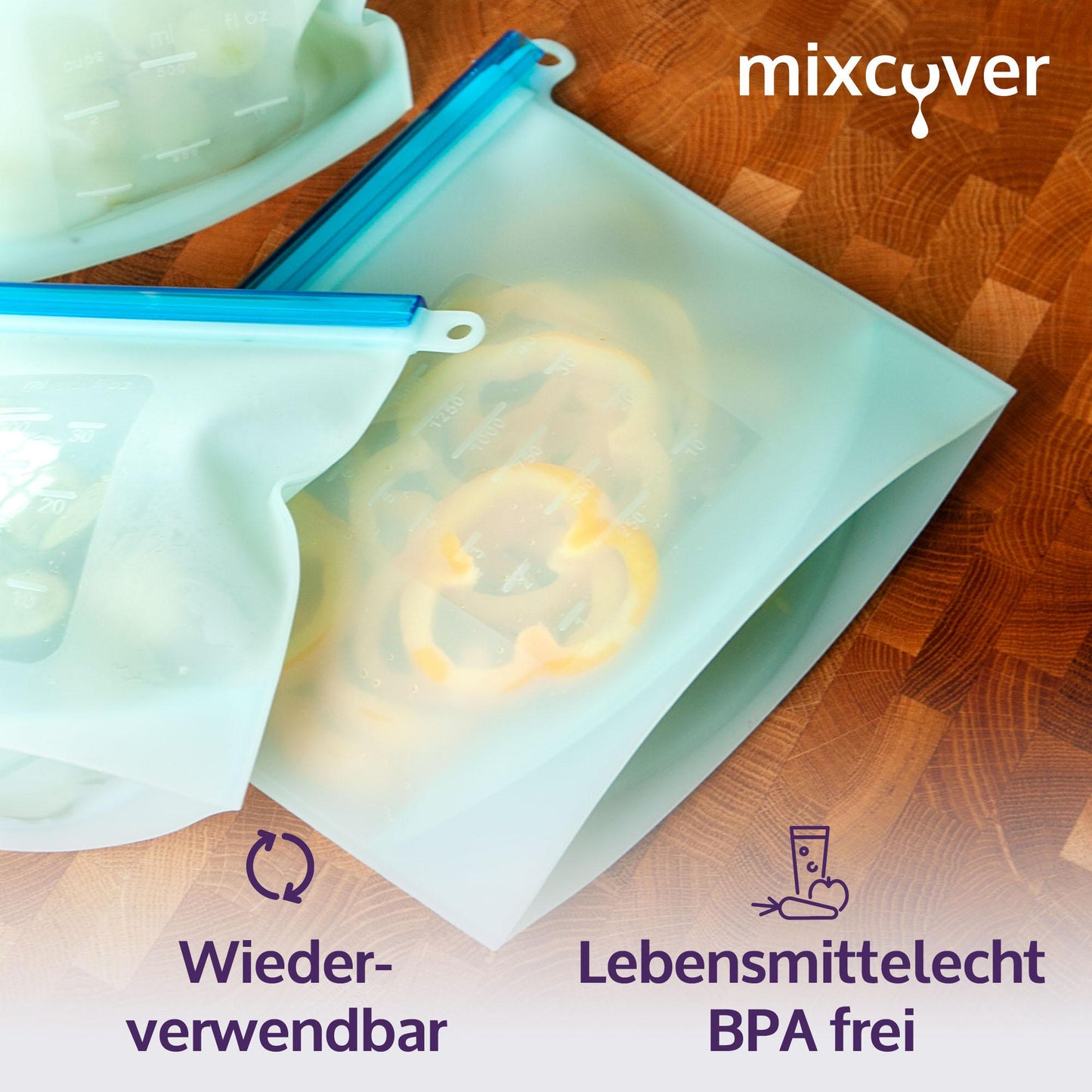 mixcover wiederverwendbarer Frischhaltebeutel aus Silikon mit Verschluss, auslaufsicher, nachhaltig, BPA-frei, 1500 ml - Mixcover - Mixcover