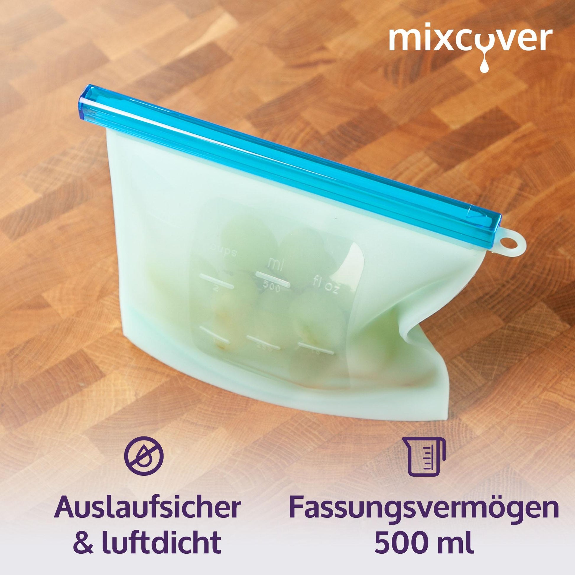 mixcover wiederverwendbarer Frischhaltebeutel aus Silikon mit Verschluss, auslaufsicher, nachhaltig, BPA-frei, 500 ml - Mixcover - Mixcover