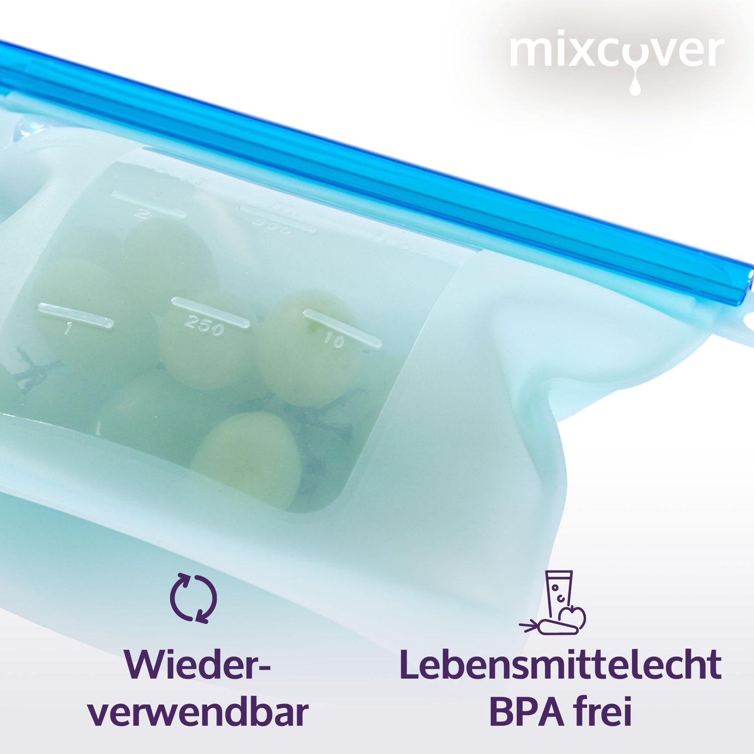 mixcover wiederverwendbarer Frischhaltebeutel aus Silikon mit Verschluss, auslaufsicher, nachhaltig, BPA-frei, 500 ml - Mixcover - Mixcover