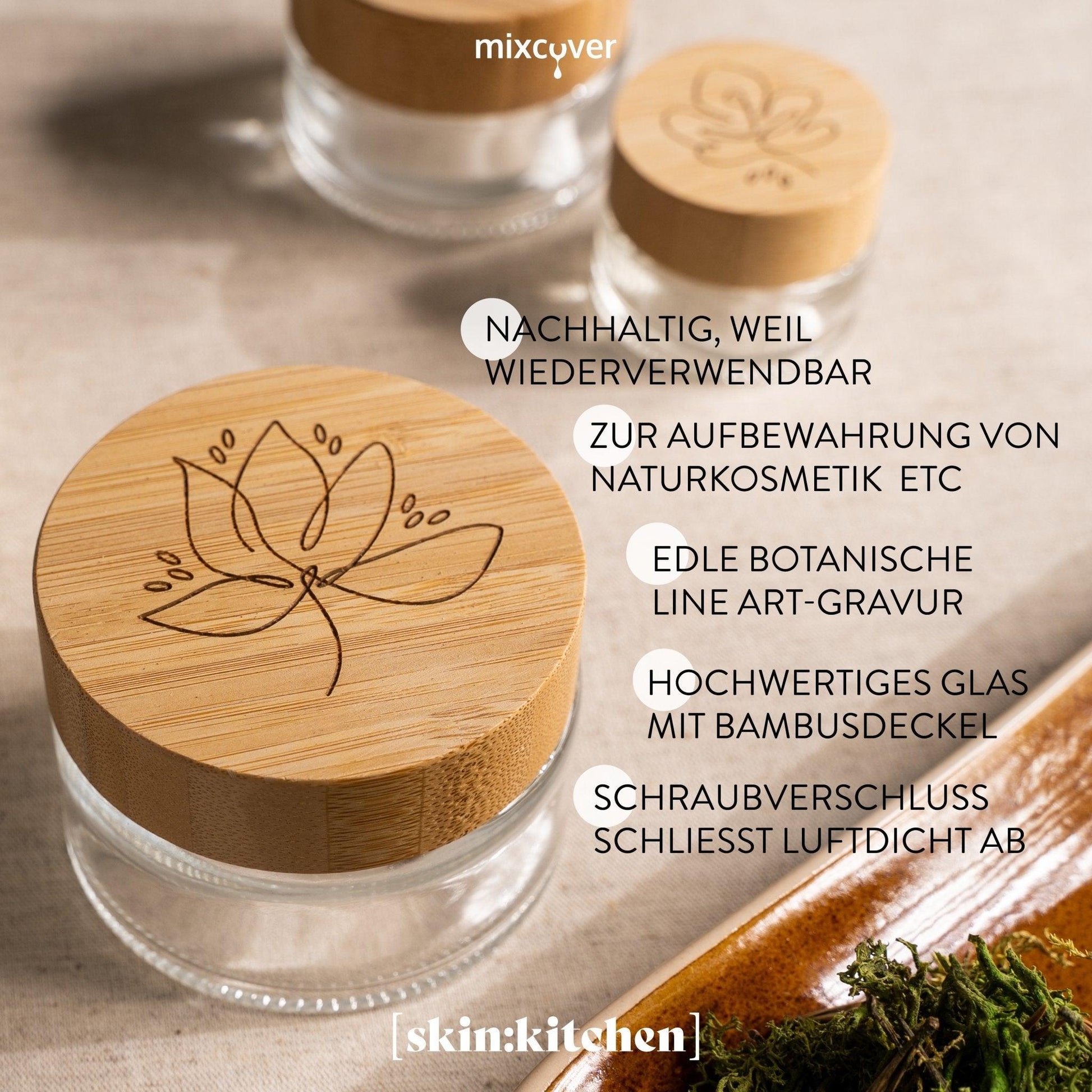 skinkitchen Glastiegel mit Bambusdeckel & Gravur für selbstgemachte Kosmetik 3er Set 100g "Klar" - Mixcover - skin:kitchen