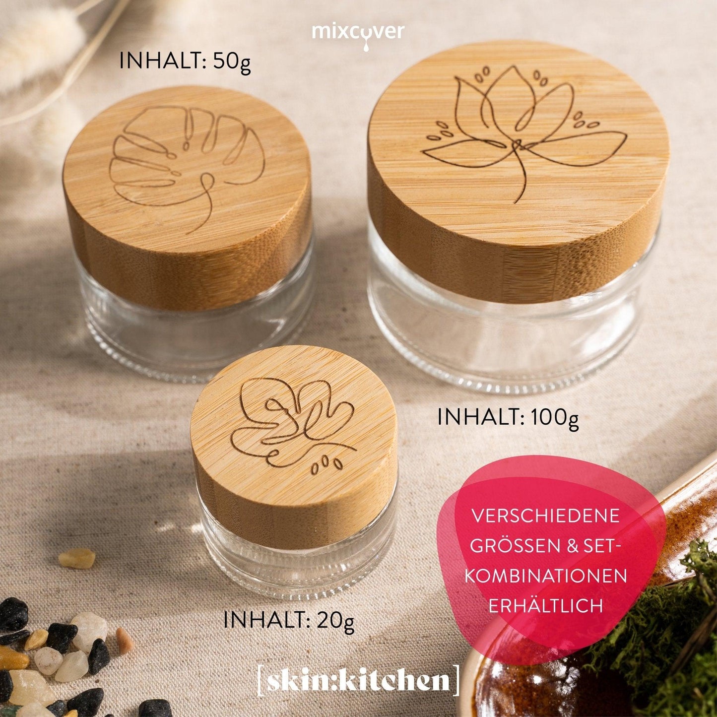 skinkitchen Glastiegel mit Bambusdeckel & Gravur für selbstgemachte Kosmetik 3er Set 100g "Klar" - Mixcover - skin:kitchen