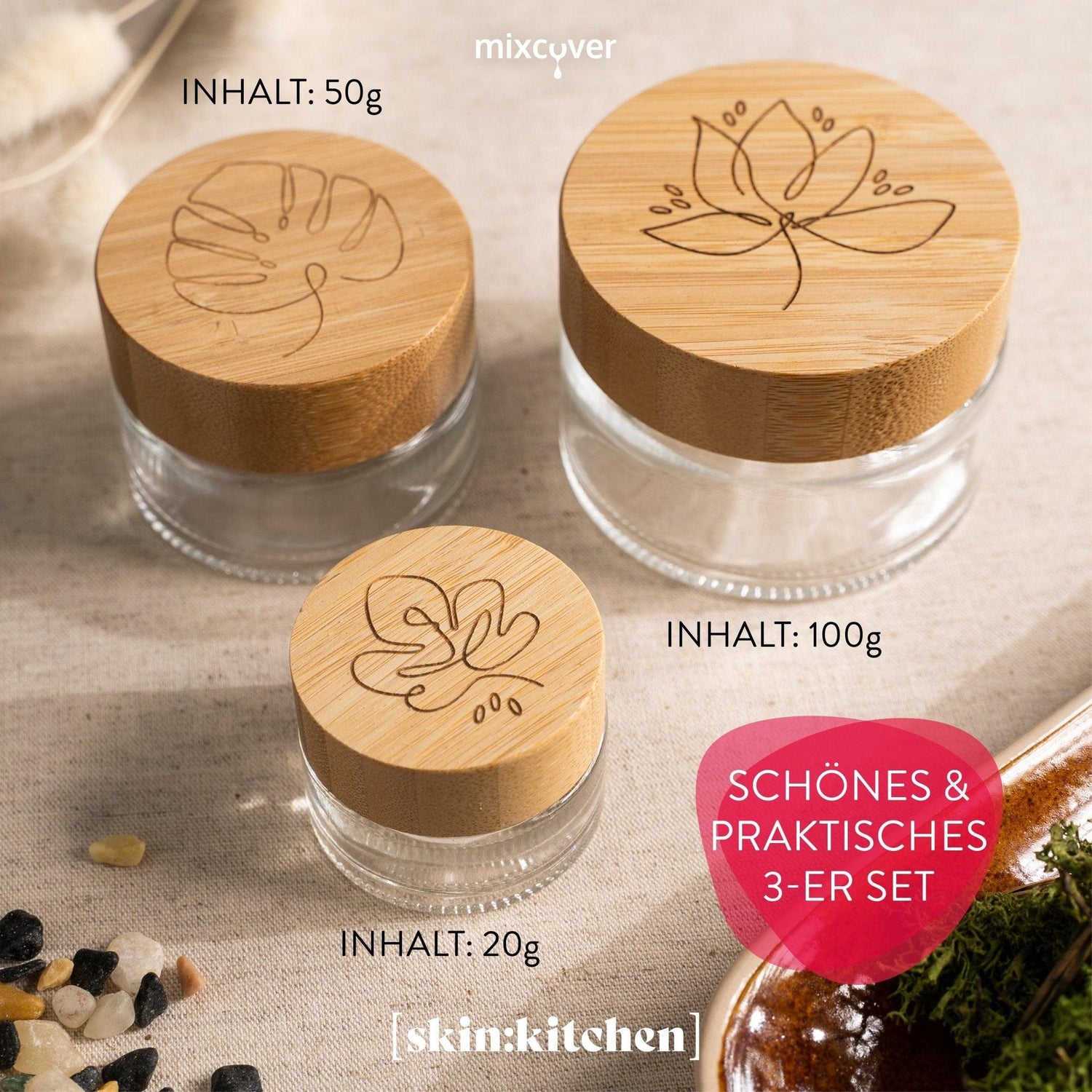 skinkitchen Glastiegel mit Bambusdeckel & Gravur für selbstgemachte Kosmetik 3er Set 20, 50 & 100g "Klar" - Mixcover - skin:kitchen