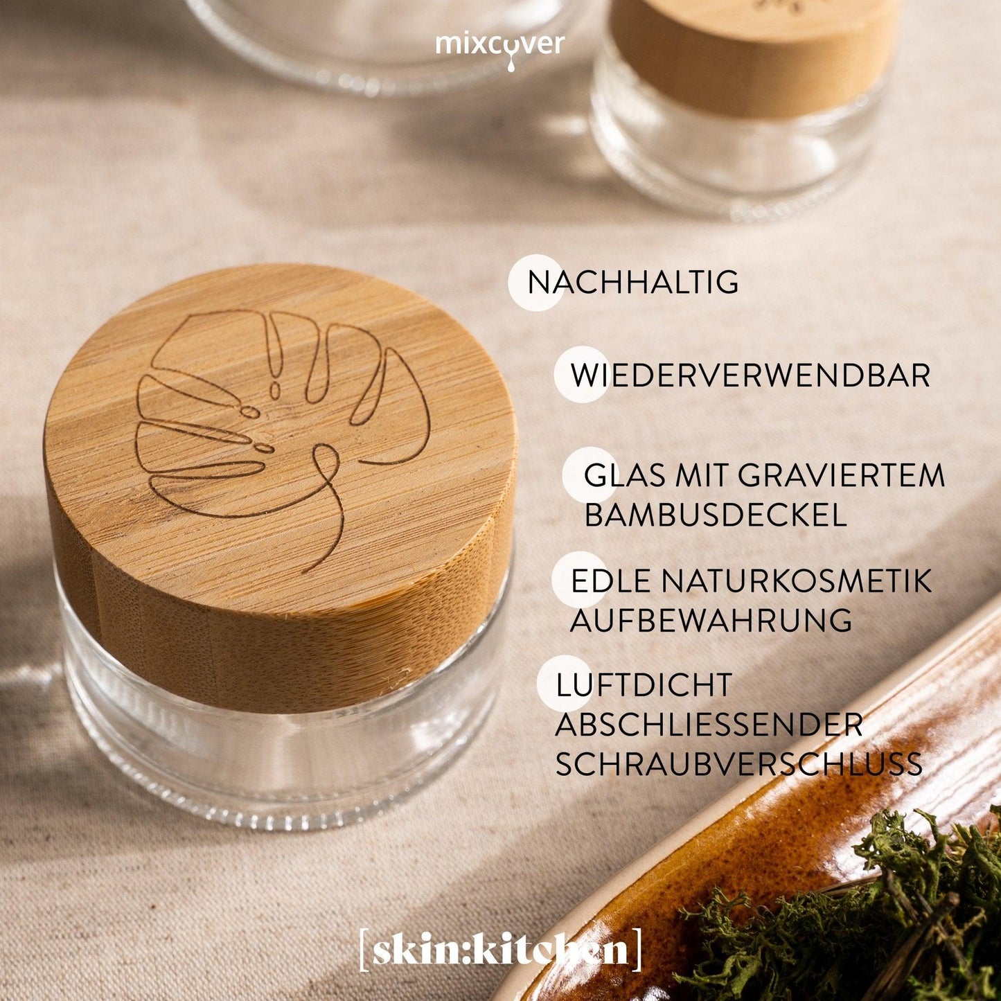 skinkitchen Glastiegel mit Bambusdeckel & Gravur für selbstgemachte Kosmetik 3er Set 20, 50 & 100g "Klar" - Mixcover - skin:kitchen