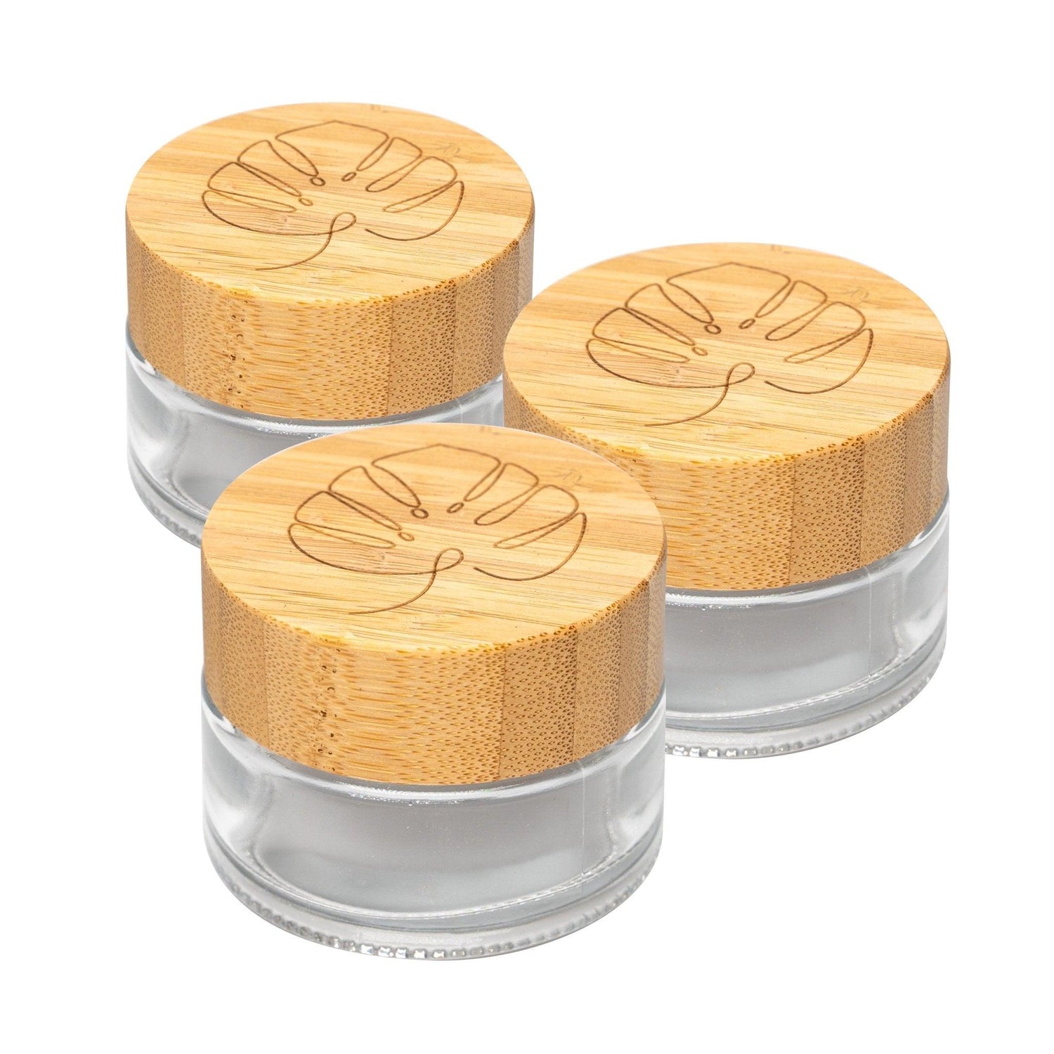 skinkitchen Glastiegel mit Bambusdeckel & Gravur für selbstgemachte Kosmetik 3er Set 50g "Klar" - Mixcover - skin:kitchen